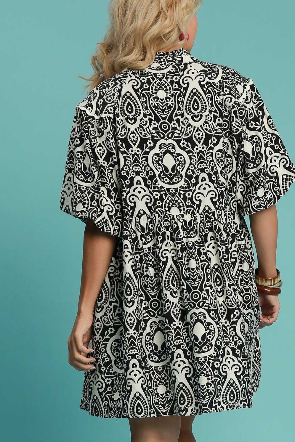 Umgee Full Size Abstract Print Puff Sleeve Dress Plus Size