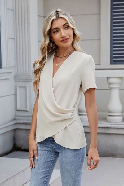 Solid Color Surplice Short Sleeve Blouse