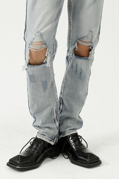 Distressed Side Zip Jeans with Pockets