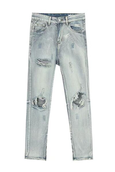 Distressed Side Zip Jeans with Pockets