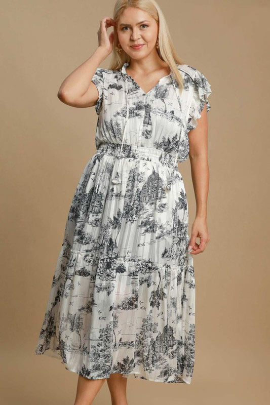 Umgee Full Size Two Tone Landscape Print Midi Dress Plus Size