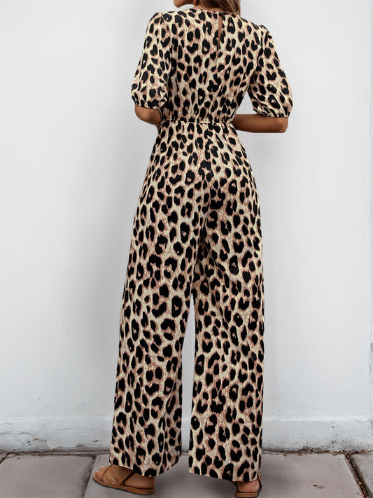 Perfee Tied Leopard Half Sleeve Jumpsuit