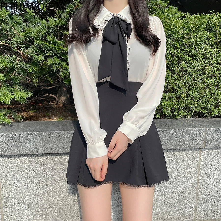 Women's Vintage Preppy Ruffle Blouse with Bow – Elegant Japanese & Korean Style