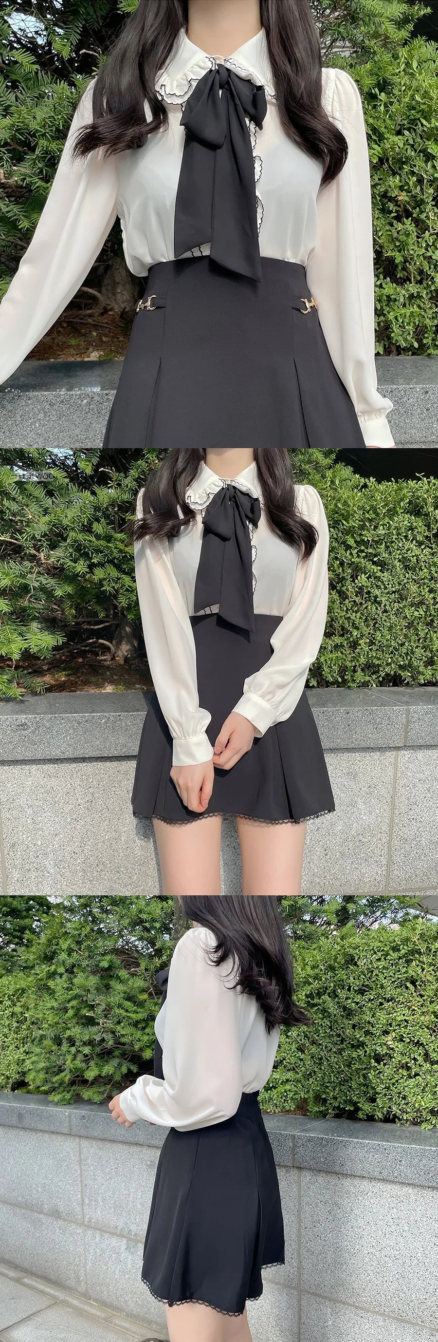 Women's Vintage Preppy Ruffle Blouse with Bow – Elegant Japanese & Korean Style