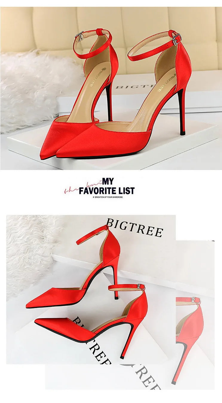 BIGTREE Shoes Satin With Shallow Pointed Women Pumps Buckle High Heels Female Shoes Stiletto Heels Sandals Sexy Party Shoes