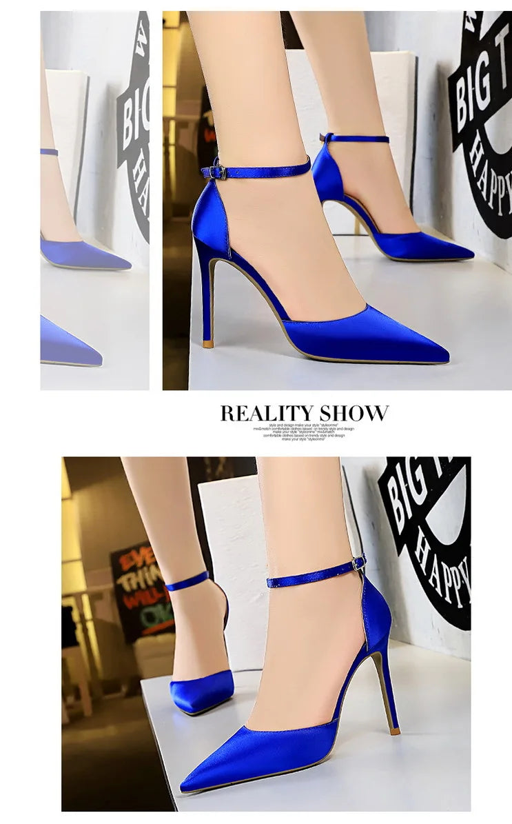 BIGTREE Shoes Satin With Shallow Pointed Women Pumps Buckle High Heels Female Shoes Stiletto Heels Sandals Sexy Party Shoes