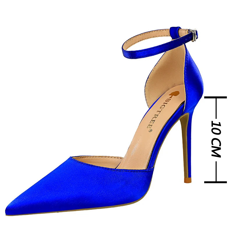 BIGTREE Shoes Satin With Shallow Pointed Women Pumps Buckle High Heels Female Shoes Stiletto Heels Sandals Sexy Party Shoes