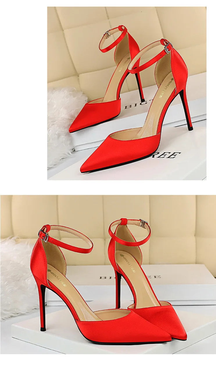 BIGTREE Shoes Satin With Shallow Pointed Women Pumps Buckle High Heels Female Shoes Stiletto Heels Sandals Sexy Party Shoes