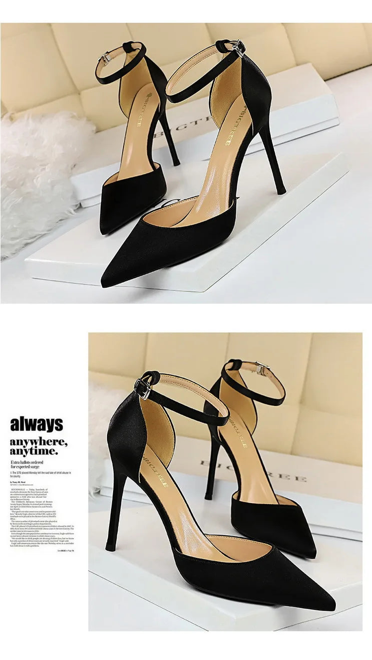 BIGTREE Shoes Satin With Shallow Pointed Women Pumps Buckle High Heels Female Shoes Stiletto Heels Sandals Sexy Party Shoes