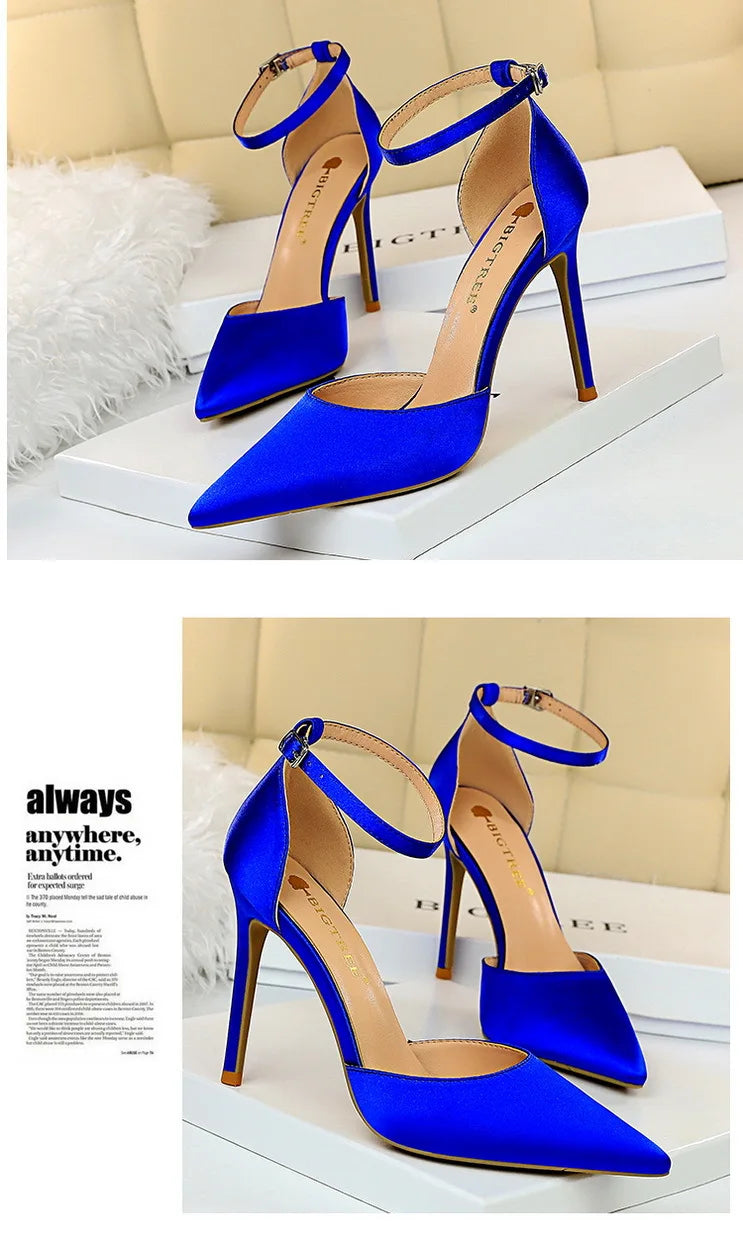 BIGTREE Shoes Satin With Shallow Pointed Women Pumps Buckle High Heels Female Shoes Stiletto Heels Sandals Sexy Party Shoes