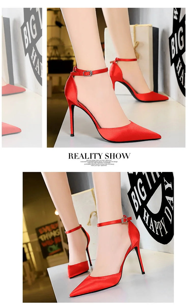 BIGTREE Shoes Satin With Shallow Pointed Women Pumps Buckle High Heels Female Shoes Stiletto Heels Sandals Sexy Party Shoes