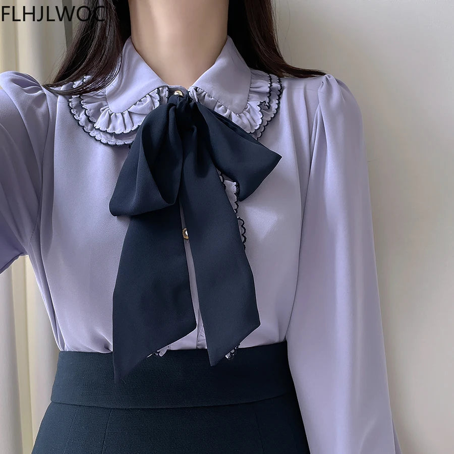 Women's Vintage Preppy Ruffle Blouse with Bow – Elegant Japanese & Korean Style