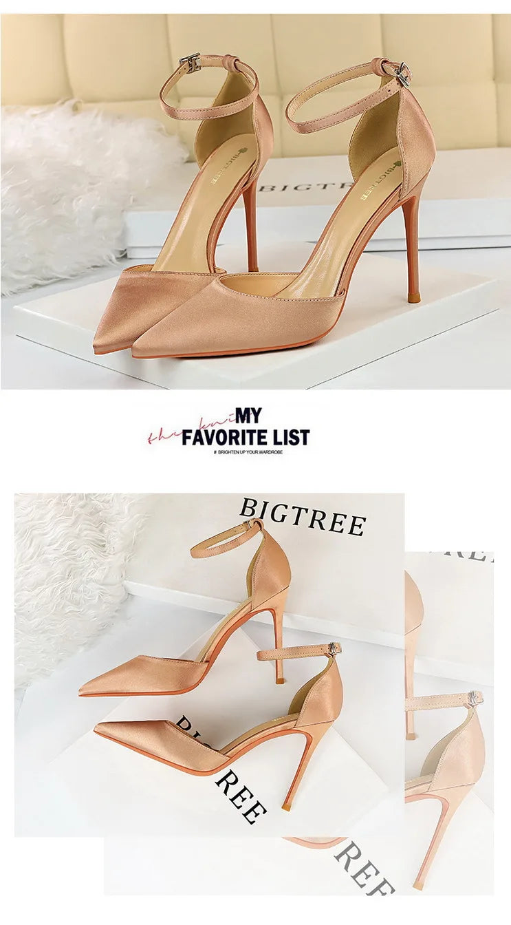 BIGTREE Shoes Satin With Shallow Pointed Women Pumps Buckle High Heels Female Shoes Stiletto Heels Sandals Sexy Party Shoes