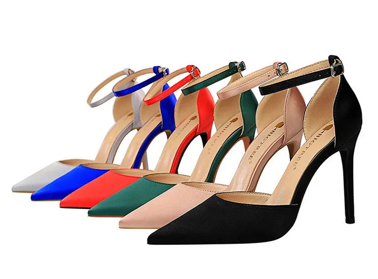 BIGTREE Shoes Satin With Shallow Pointed Women Pumps Buckle High Heels Female Shoes Stiletto Heels Sandals Sexy Party Shoes