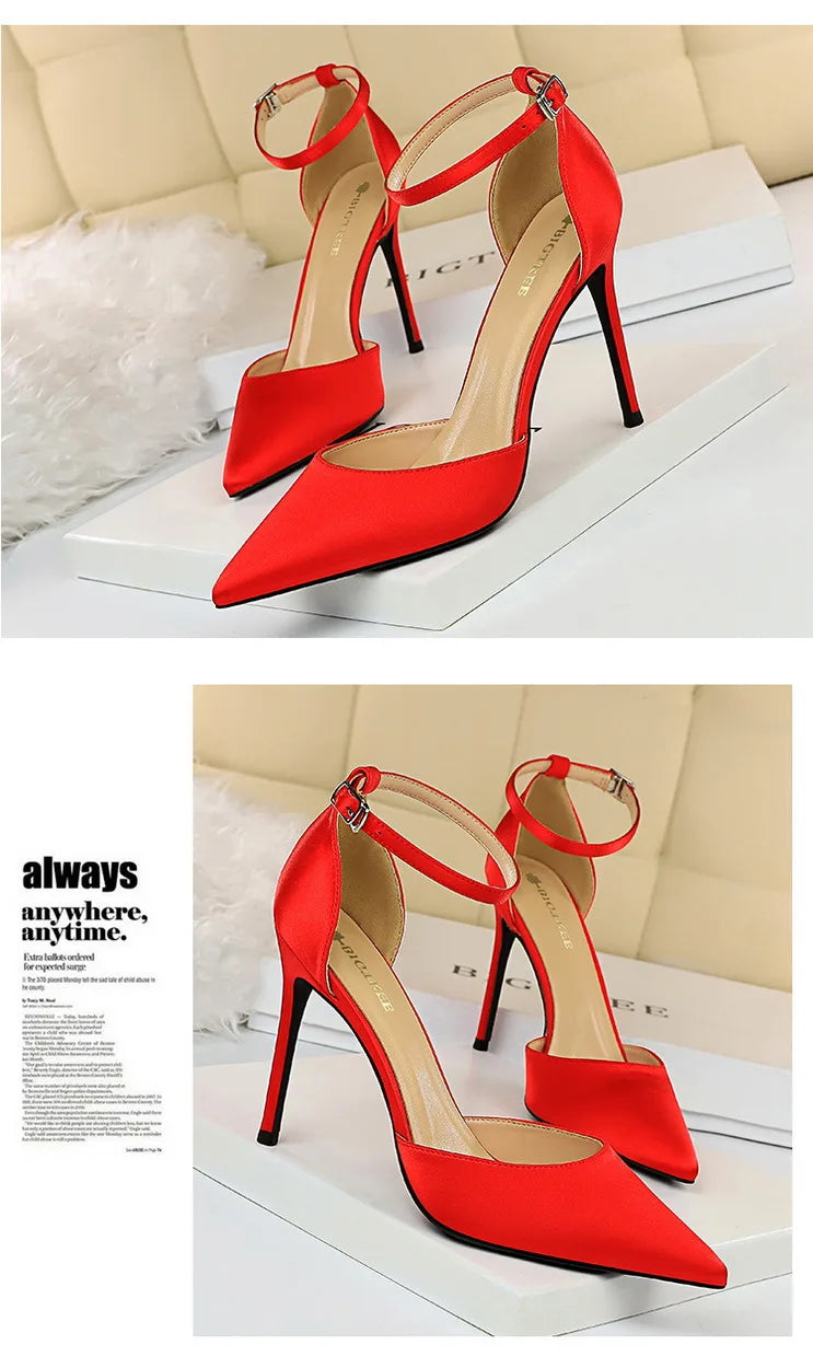 BIGTREE Shoes Satin With Shallow Pointed Women Pumps Buckle High Heels Female Shoes Stiletto Heels Sandals Sexy Party Shoes