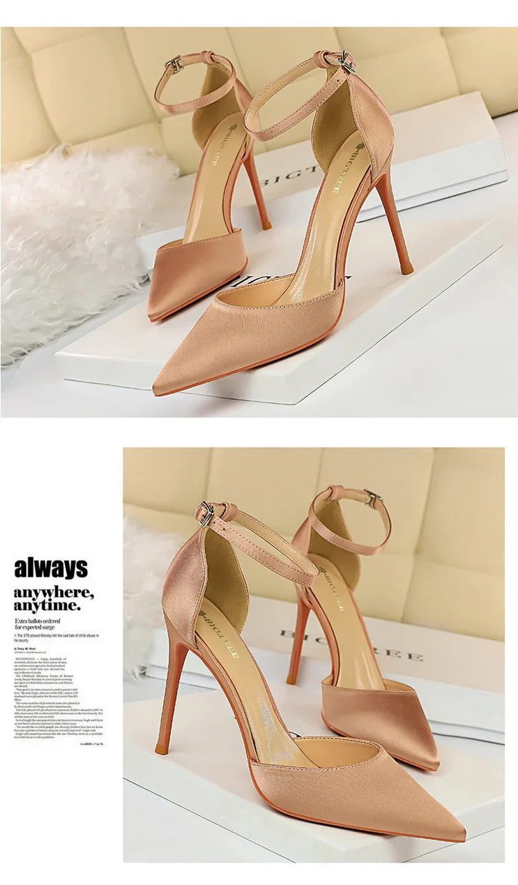 BIGTREE Shoes Satin With Shallow Pointed Women Pumps Buckle High Heels Female Shoes Stiletto Heels Sandals Sexy Party Shoes