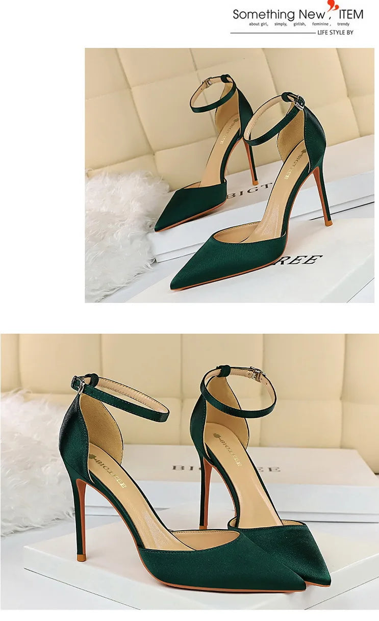 BIGTREE Shoes Satin With Shallow Pointed Women Pumps Buckle High Heels Female Shoes Stiletto Heels Sandals Sexy Party Shoes