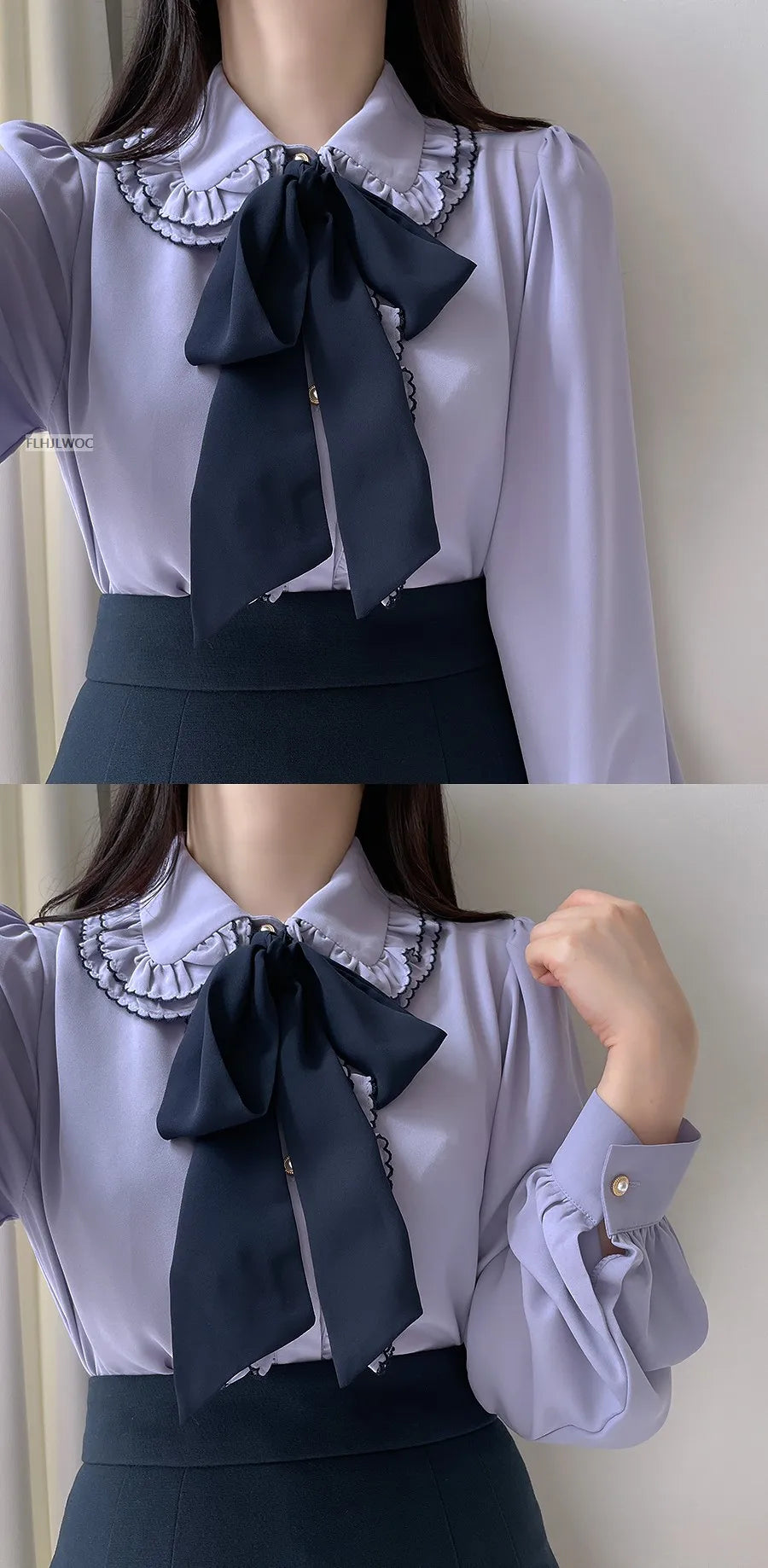 Women's Vintage Preppy Ruffle Blouse with Bow – Elegant Japanese & Korean Style