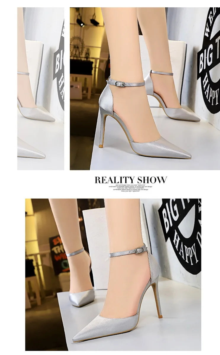 BIGTREE Shoes Satin With Shallow Pointed Women Pumps Buckle High Heels Female Shoes Stiletto Heels Sandals Sexy Party Shoes