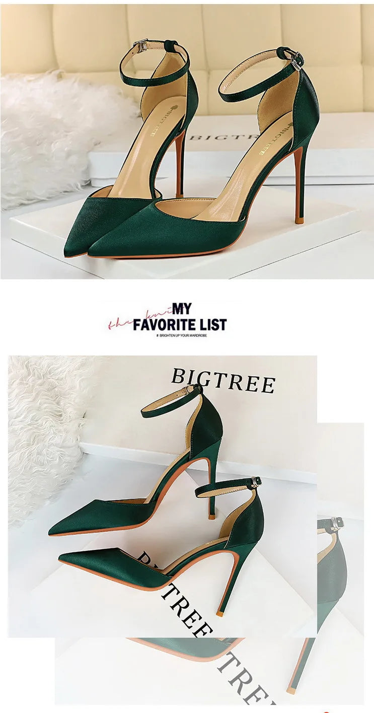 BIGTREE Shoes Satin With Shallow Pointed Women Pumps Buckle High Heels Female Shoes Stiletto Heels Sandals Sexy Party Shoes