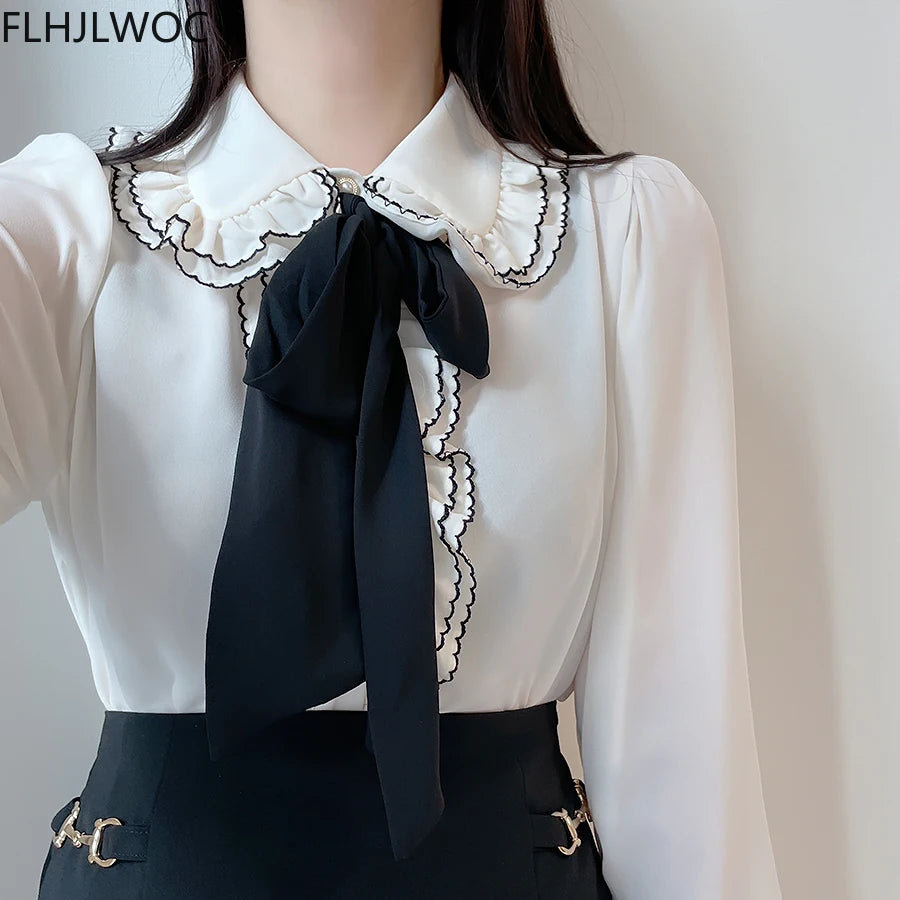 Women's Vintage Preppy Ruffle Blouse with Bow – Elegant Japanese & Korean Style