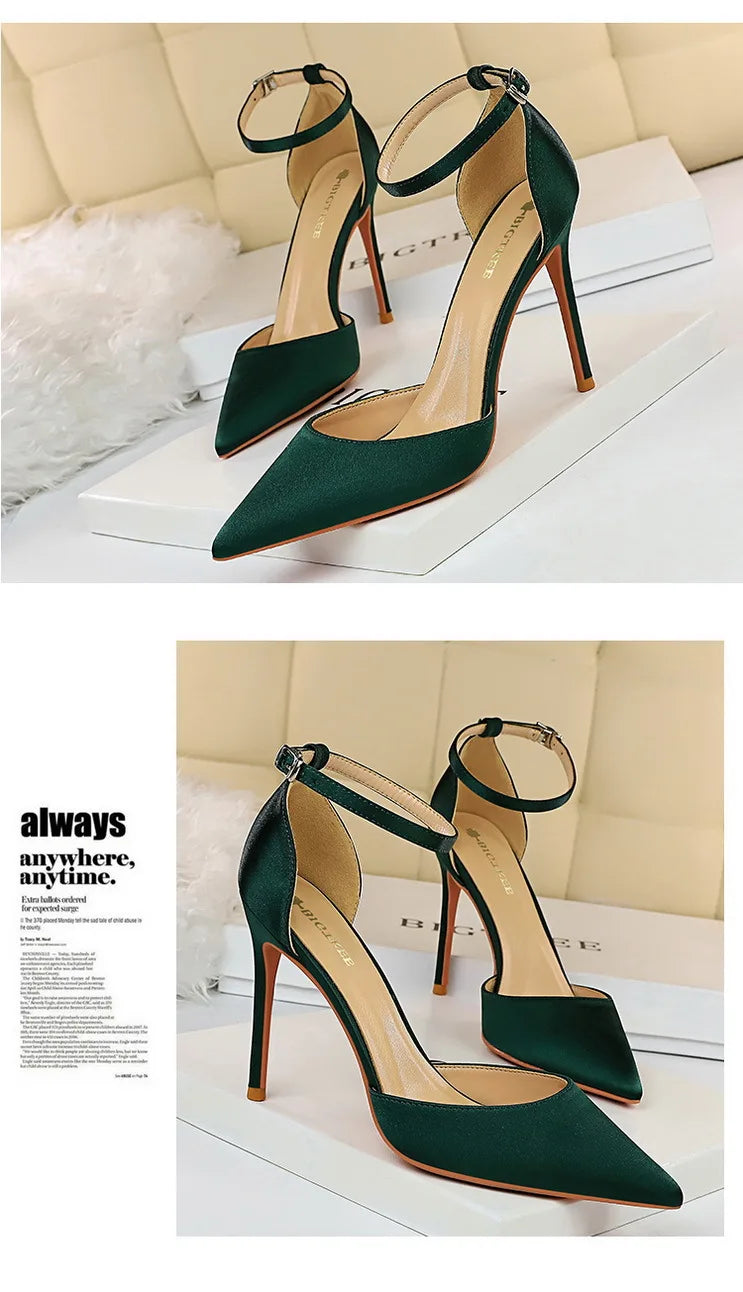 BIGTREE Shoes Satin With Shallow Pointed Women Pumps Buckle High Heels Female Shoes Stiletto Heels Sandals Sexy Party Shoes