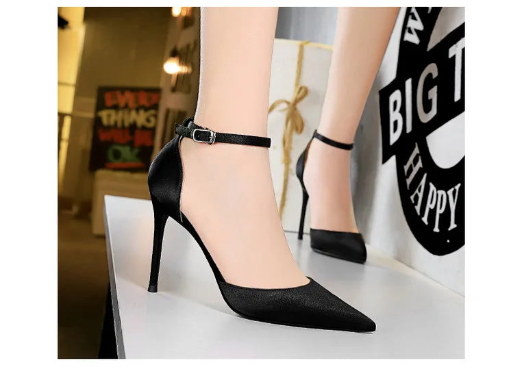 BIGTREE Shoes Satin With Shallow Pointed Women Pumps Buckle High Heels Female Shoes Stiletto Heels Sandals Sexy Party Shoes