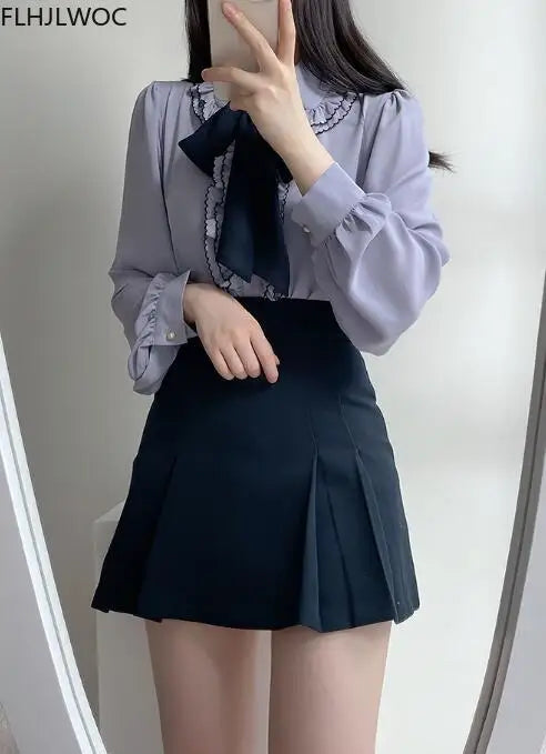 Women's Vintage Preppy Ruffle Blouse with Bow – Elegant Japanese & Korean Style