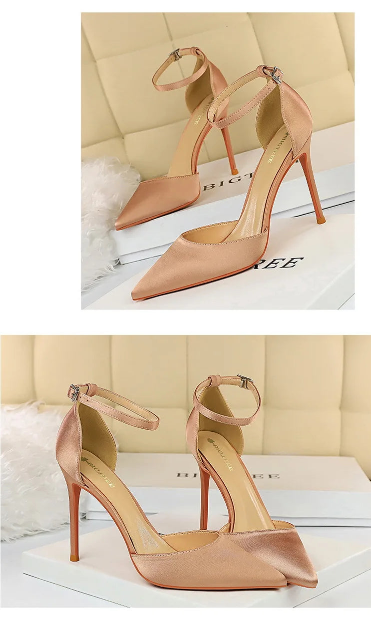 BIGTREE Shoes Satin With Shallow Pointed Women Pumps Buckle High Heels Female Shoes Stiletto Heels Sandals Sexy Party Shoes