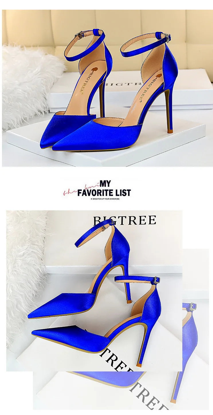 BIGTREE Shoes Satin With Shallow Pointed Women Pumps Buckle High Heels Female Shoes Stiletto Heels Sandals Sexy Party Shoes