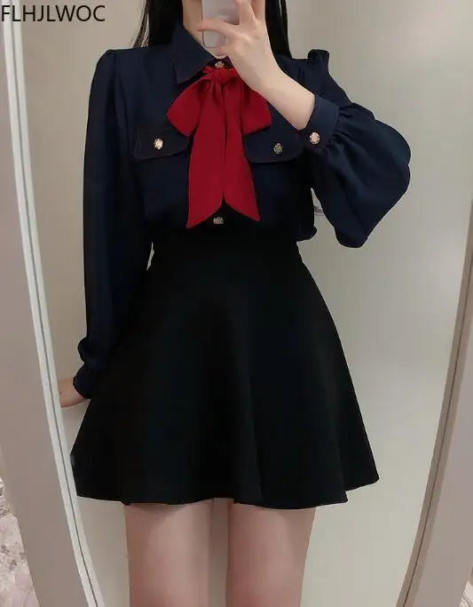 Women's Vintage Preppy Ruffle Blouse with Bow – Elegant Japanese & Korean Style