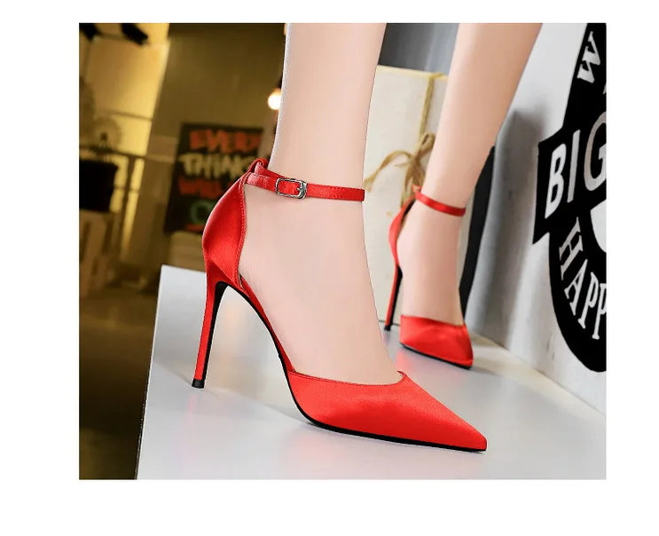 BIGTREE Shoes Satin With Shallow Pointed Women Pumps Buckle High Heels Female Shoes Stiletto Heels Sandals Sexy Party Shoes