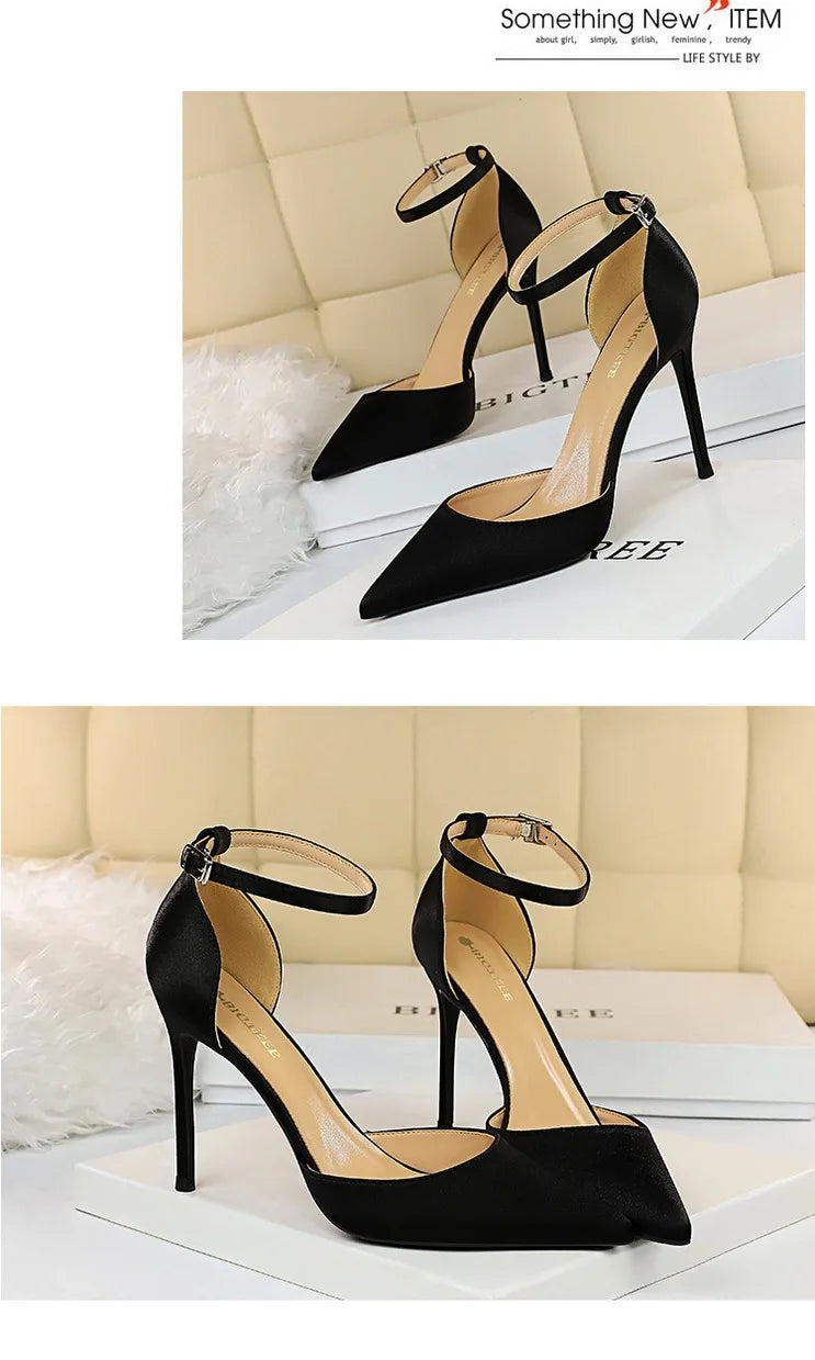 BIGTREE Shoes Satin With Shallow Pointed Women Pumps Buckle High Heels Female Shoes Stiletto Heels Sandals Sexy Party Shoes