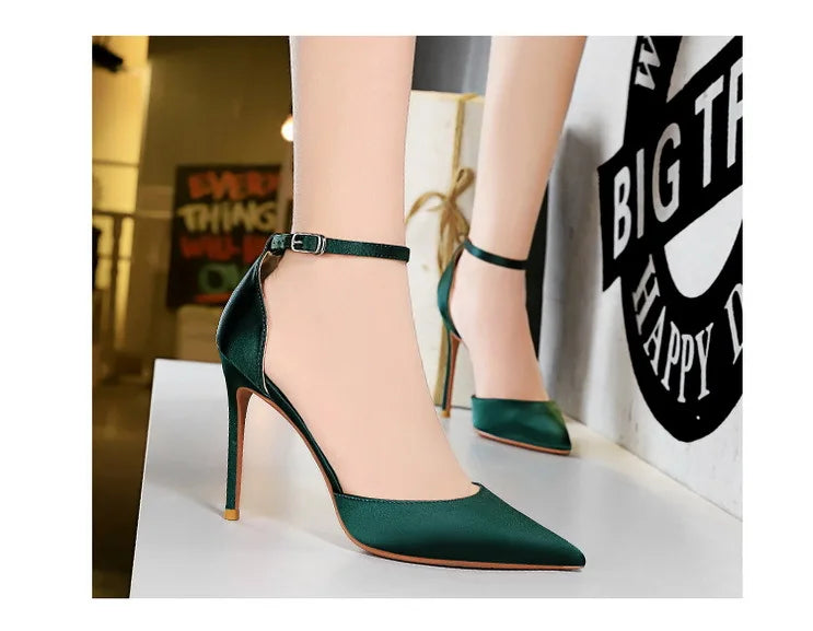 BIGTREE Shoes Satin With Shallow Pointed Women Pumps Buckle High Heels Female Shoes Stiletto Heels Sandals Sexy Party Shoes