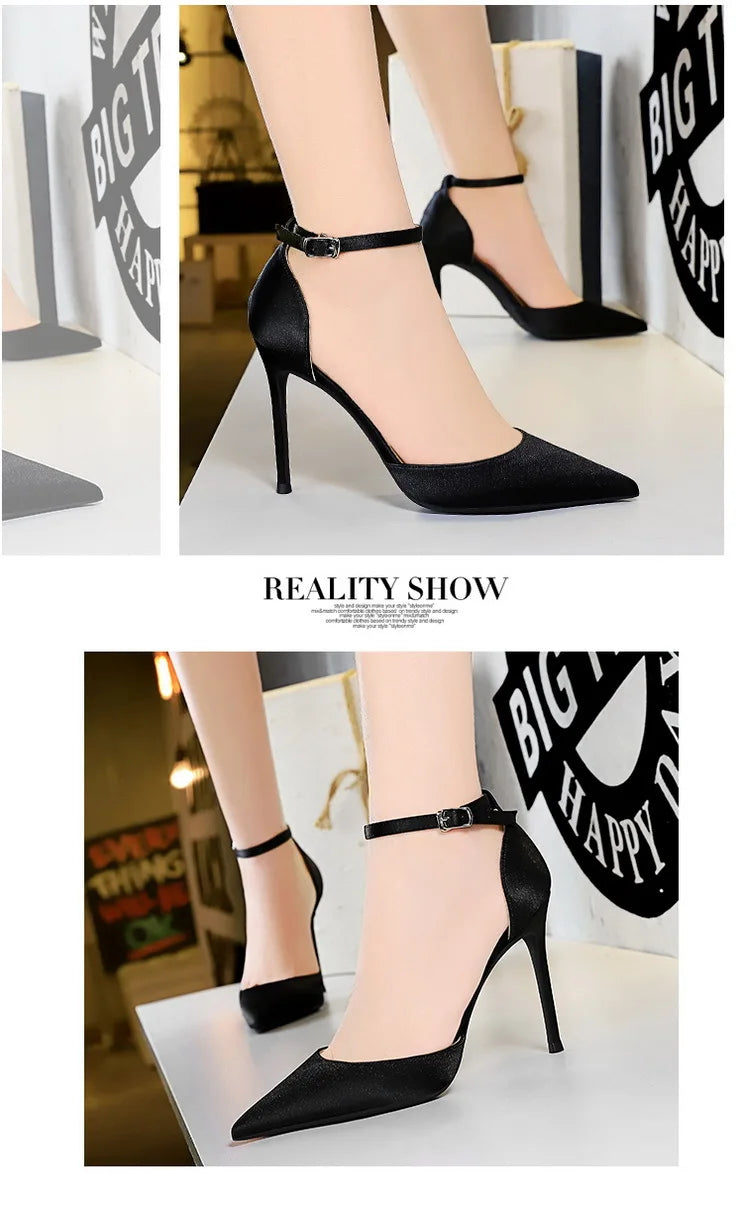 BIGTREE Shoes Satin With Shallow Pointed Women Pumps Buckle High Heels Female Shoes Stiletto Heels Sandals Sexy Party Shoes