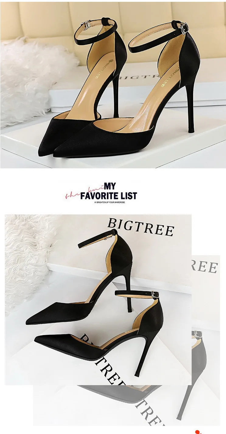 BIGTREE Shoes Satin With Shallow Pointed Women Pumps Buckle High Heels Female Shoes Stiletto Heels Sandals Sexy Party Shoes