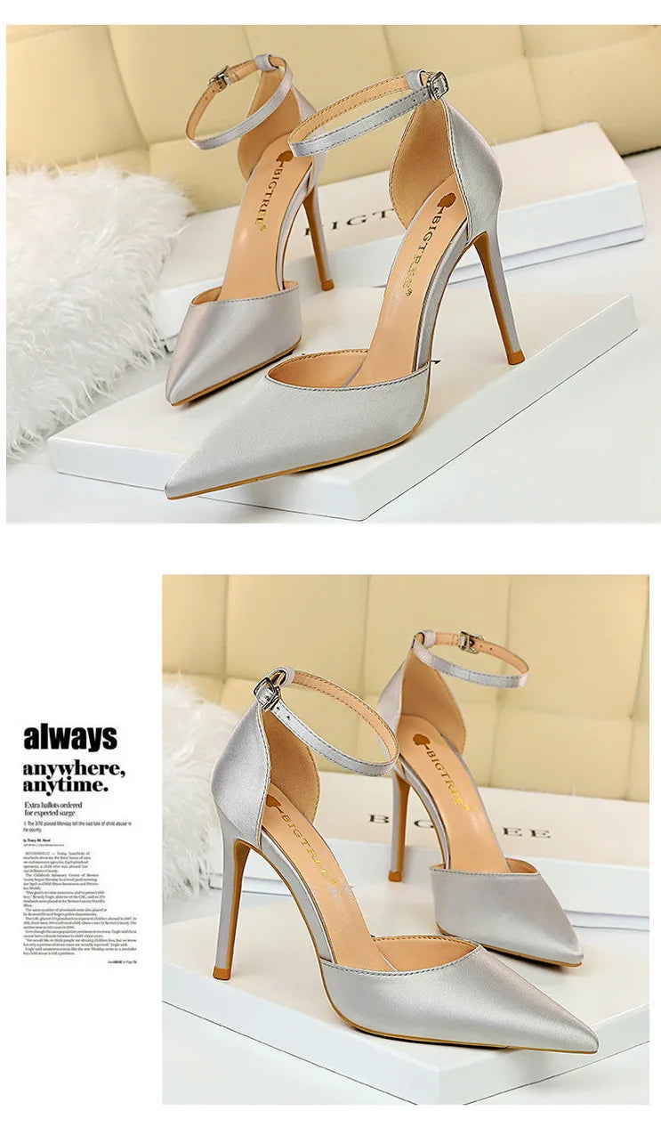 BIGTREE Shoes Satin With Shallow Pointed Women Pumps Buckle High Heels Female Shoes Stiletto Heels Sandals Sexy Party Shoes