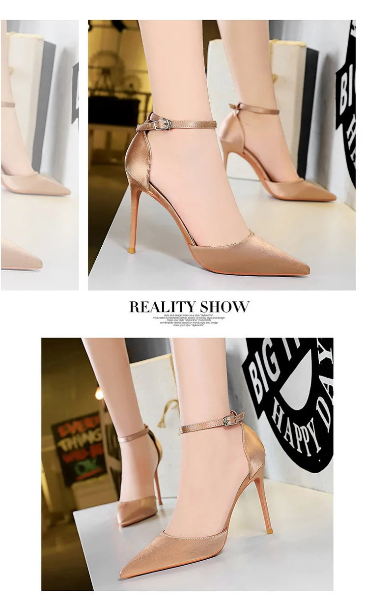 BIGTREE Shoes Satin With Shallow Pointed Women Pumps Buckle High Heels Female Shoes Stiletto Heels Sandals Sexy Party Shoes