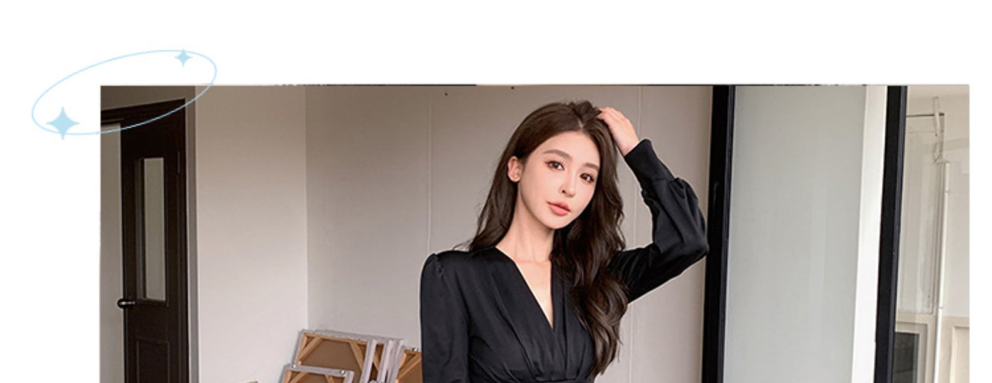 Spicy Adult Lady like Woman Wind Black Elegant V Neck Dress