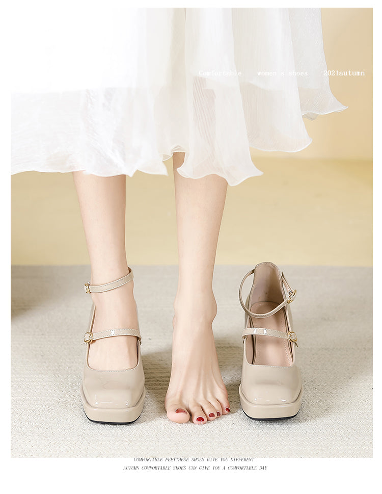 Waterproof Platform Small Red Wedding Shoes Square Toe Strap