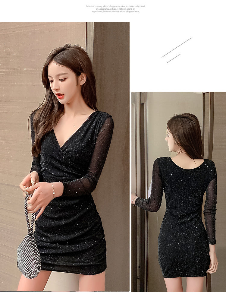 New Spring and Autumn Women's Clothing Hot Technician Overalls Sexy Cross Base Skinny Sheath Elastic Mesh Dress