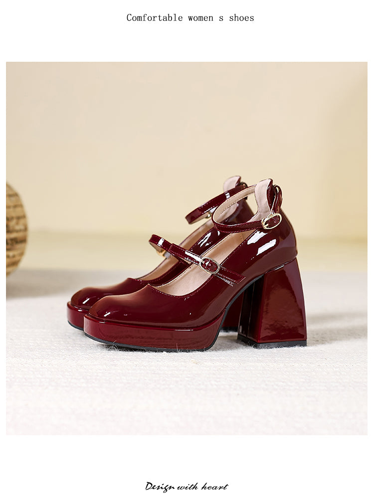 Waterproof Platform Small Red Wedding Shoes Square Toe Strap