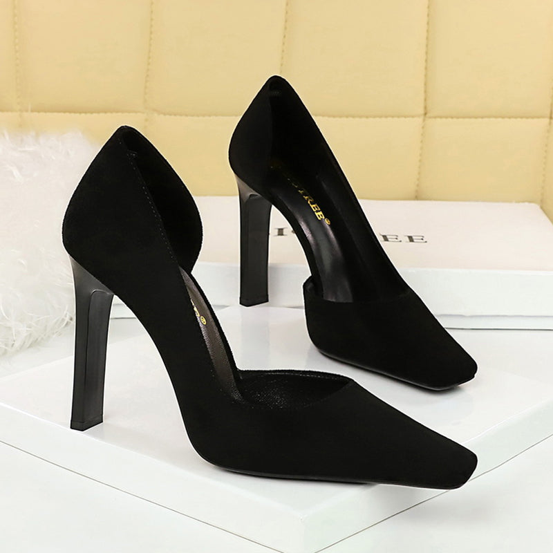 Fashion Simple Thick Heel Super High Heels Women's Business OL Work Shoes Flats Square Toe Suede Side Cut Out Oversized Shoes