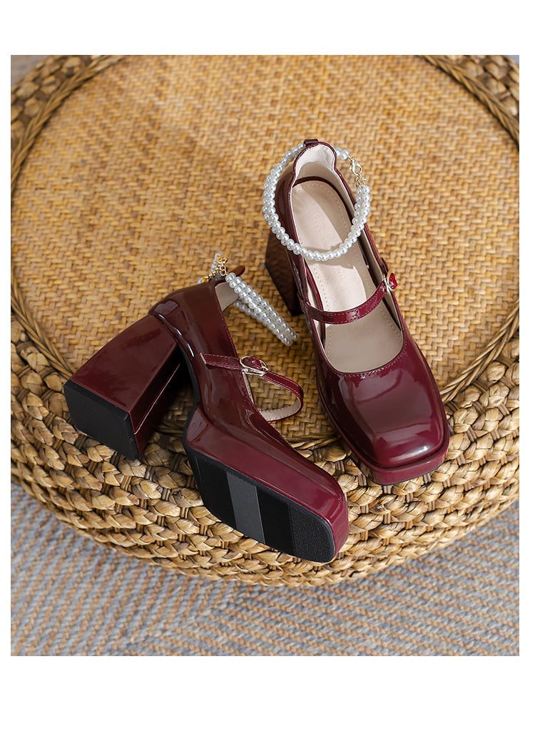 Waterproof Platform Small Red Wedding Shoes Square Toe Strap