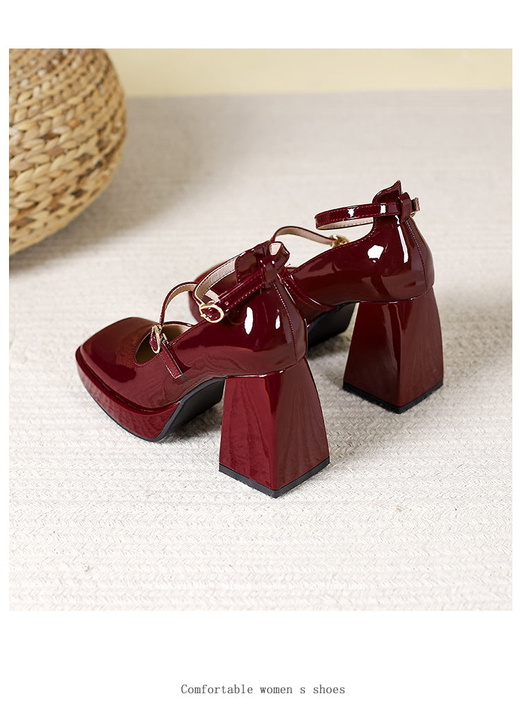 Waterproof Platform Small Red Wedding Shoes Square Toe Strap