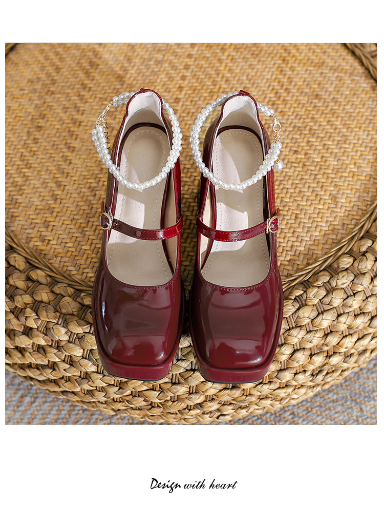 Waterproof Platform Small Red Wedding Shoes Square Toe Strap