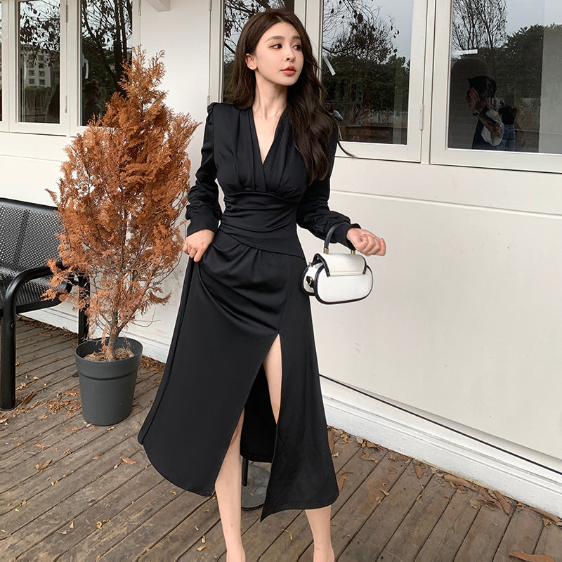 Spicy Adult Lady like Woman Wind Black Elegant V Neck Dress