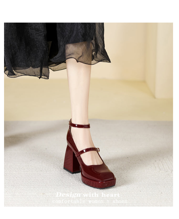 Waterproof Platform Small Red Wedding Shoes Square Toe Strap