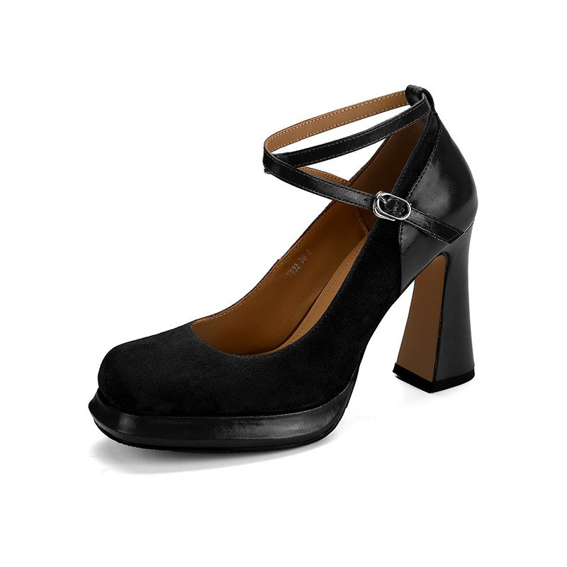 Siyujing Black Mary Jane Cross Strap High Heels