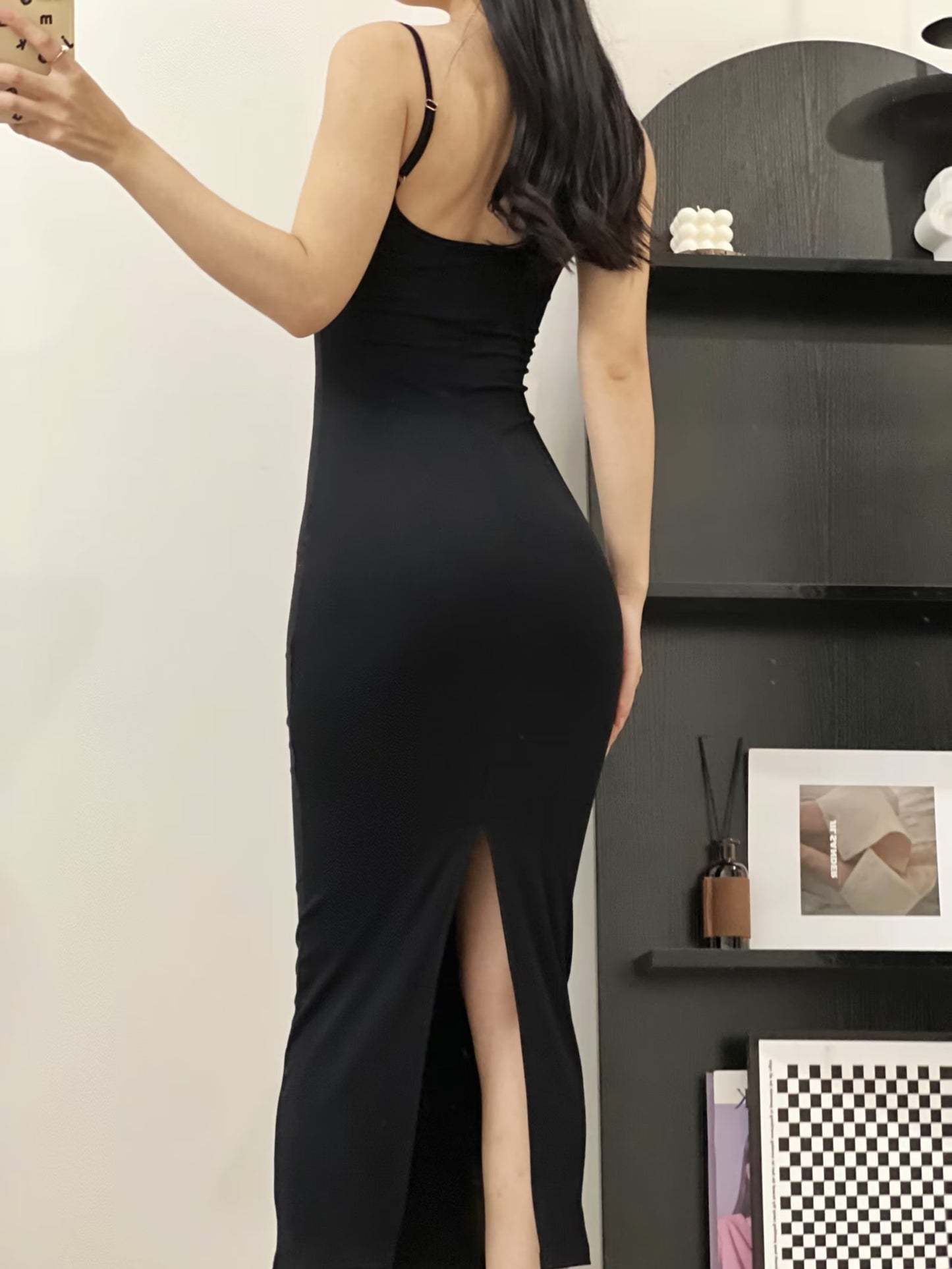 Fashion Pure Color Slim Fit Inner Wear Back Slit Suspender Skirt